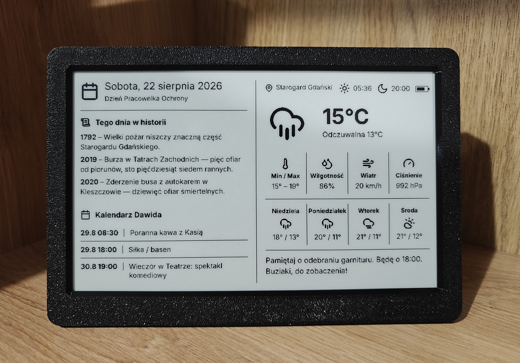 Grainink — matowy ekran e-paper z kalendarzem i pogodą